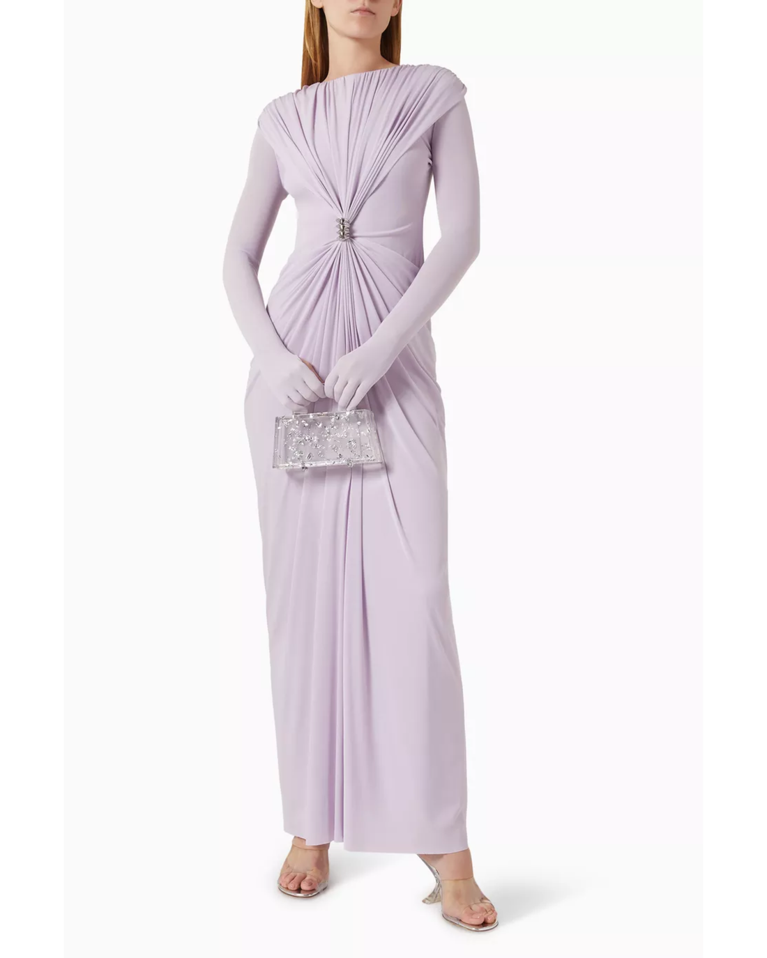 Woman wearing lavender long-sleeve draped maxi dress with embellished waist detail — Chats By C.Dam | Endless UAE