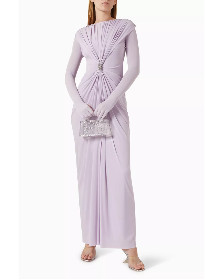 Woman wearing lavender long-sleeve draped maxi dress with embellished waist detail — Chats By C.Dam | Endless UAE