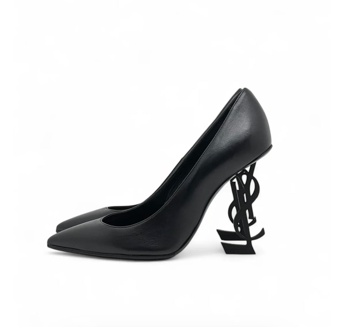 Black leather pointed-toe pumps with iconic YSL heel — Saint Laurent | Endless UAE