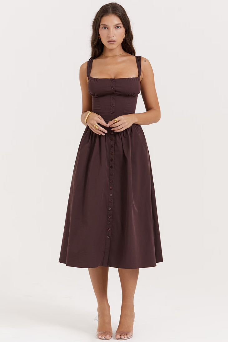 Woman wearing chocolate brown button-front midi sundress with square neckline — House of CB | Endless UAE