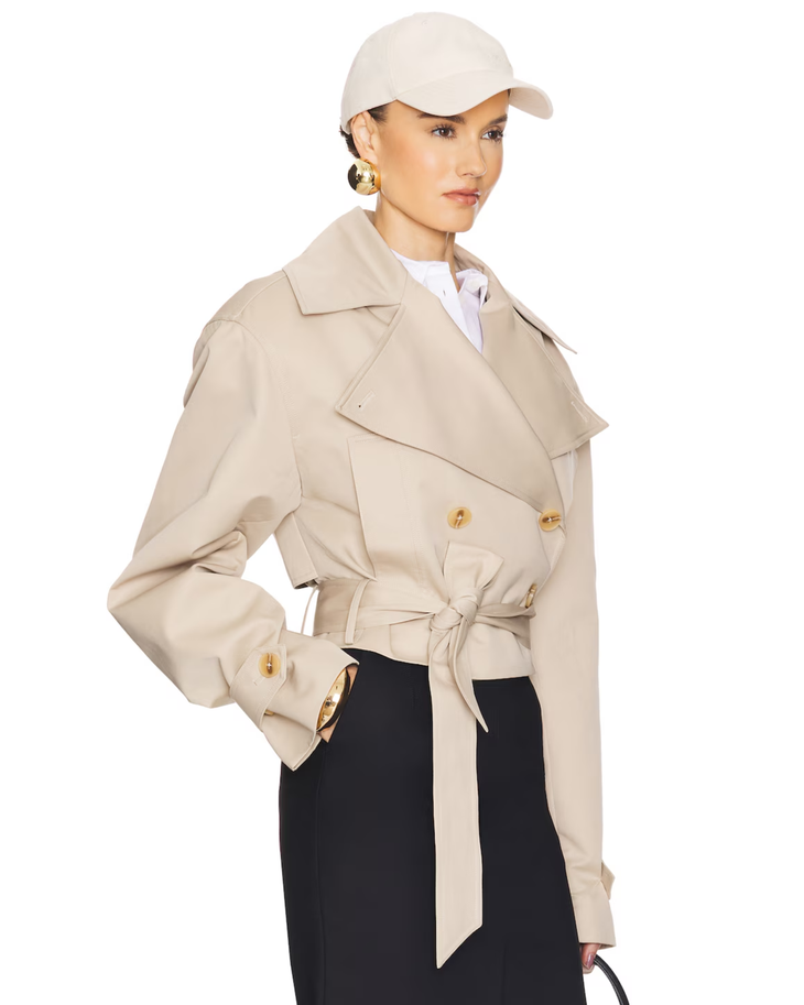 Oversized Cropped Trench in cream with double-breasted buttons and tie belt — Helsa | Endless UAE