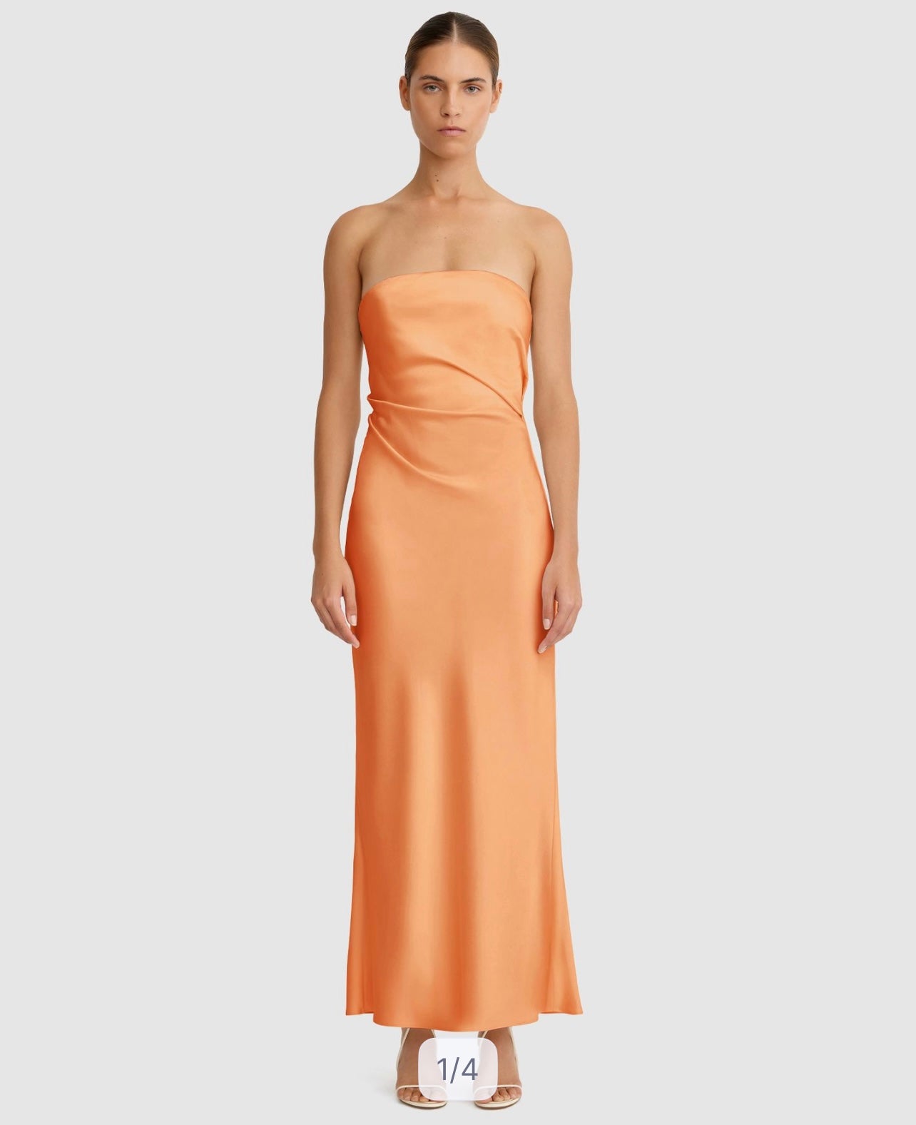 Woman wearing orange strapless maxi dress with ruching detail — Significant Other | Endless UAE