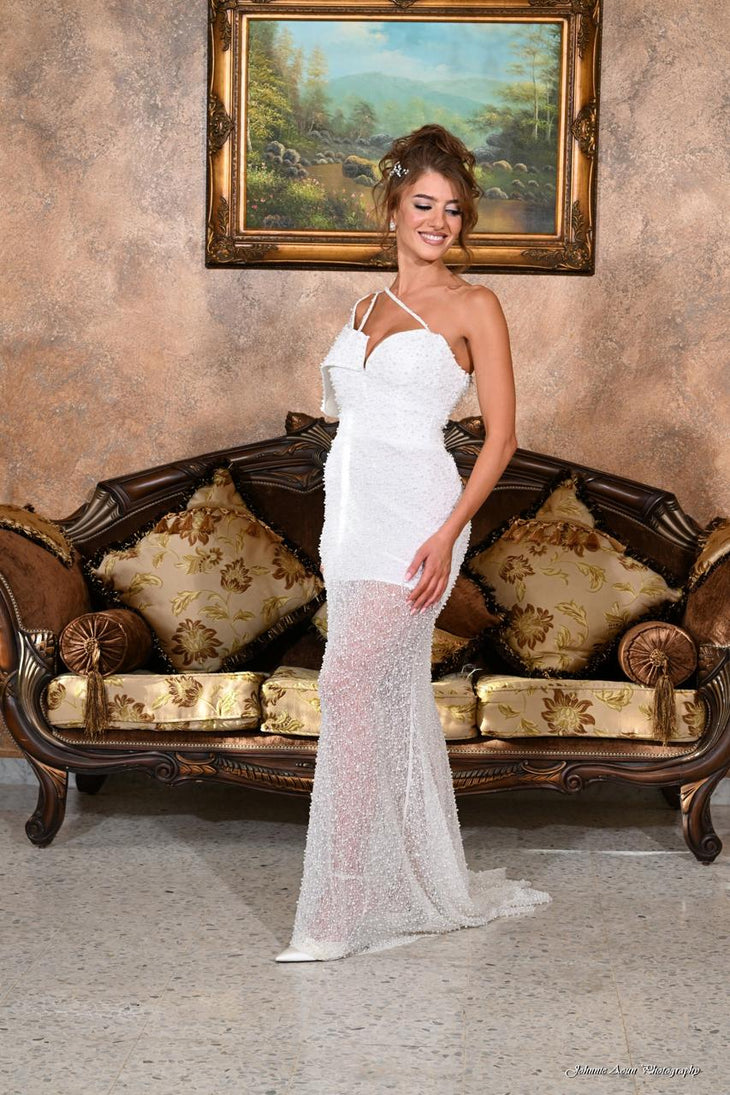 White halter sequin gown with sweetheart neckline and dramatic train — Brand Modern Bride By Bianca | Endless UAE