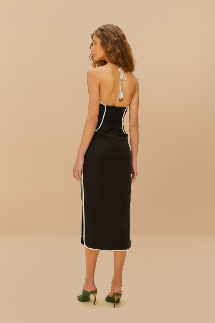 Black halter midi dress with white trim and cut-out detail — Farm Rio | Endless UAE