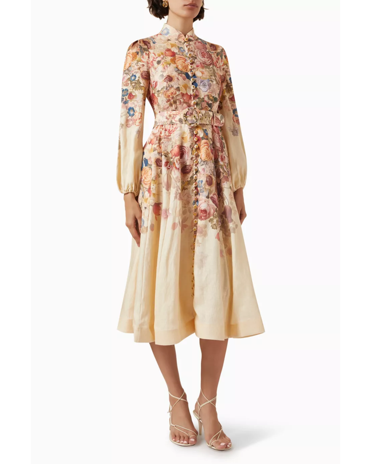 Luminosity Buttoned Midi Dress in cream floral print with puffed sleeves — Zimmermann | Endless UAE