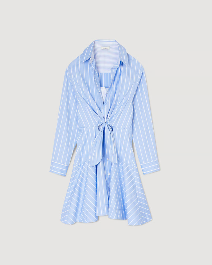 Light blue striped tie-front shirt dress with long sleeves — Sandro | Endless UAE