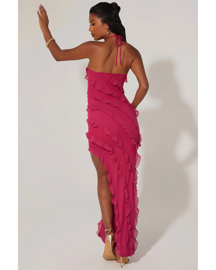 Hot pink ruffle halter maxi dress with asymmetrical hem and cross strap detail — Oh Polly | Endless UAE