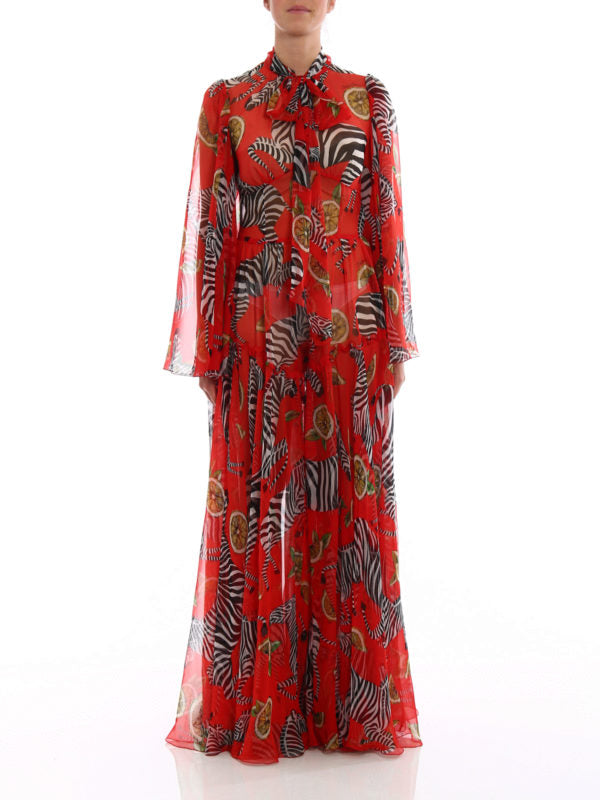 Red silk jumpsuit with zebra and lemon print and bow neckline — Dolce & Gabbana | Endless UAE