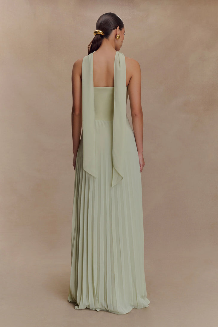 Sage green strapless chiffon maxi dress with pleated skirt and detachable scarf collar — Meshki | Endless UAE