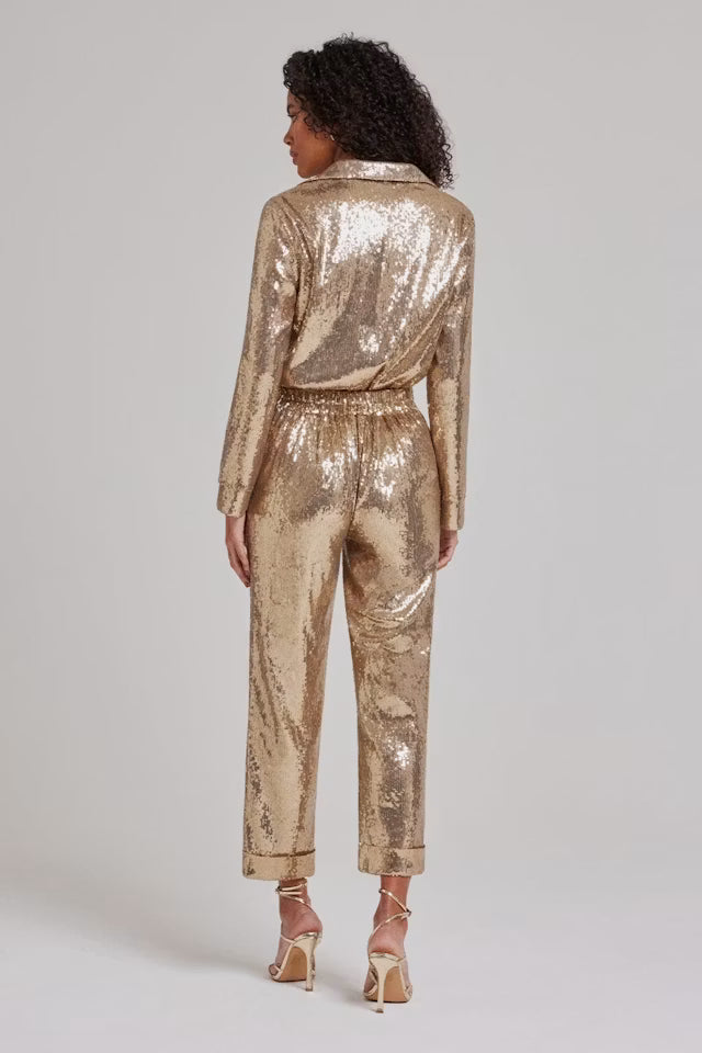 Gold sequin long-sleeve crop top and cropped trousers co-ord set — Nadine Merabi | Endless UAE