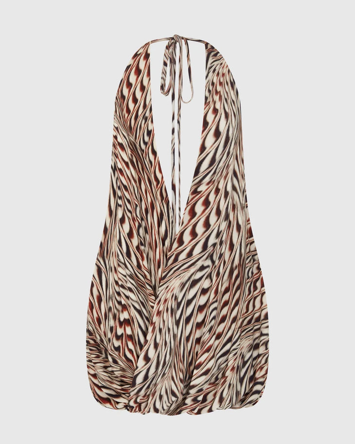 Rocio Dress in zebra print halter neckline with draped silhouette — Rat & Boa | Endless UAE