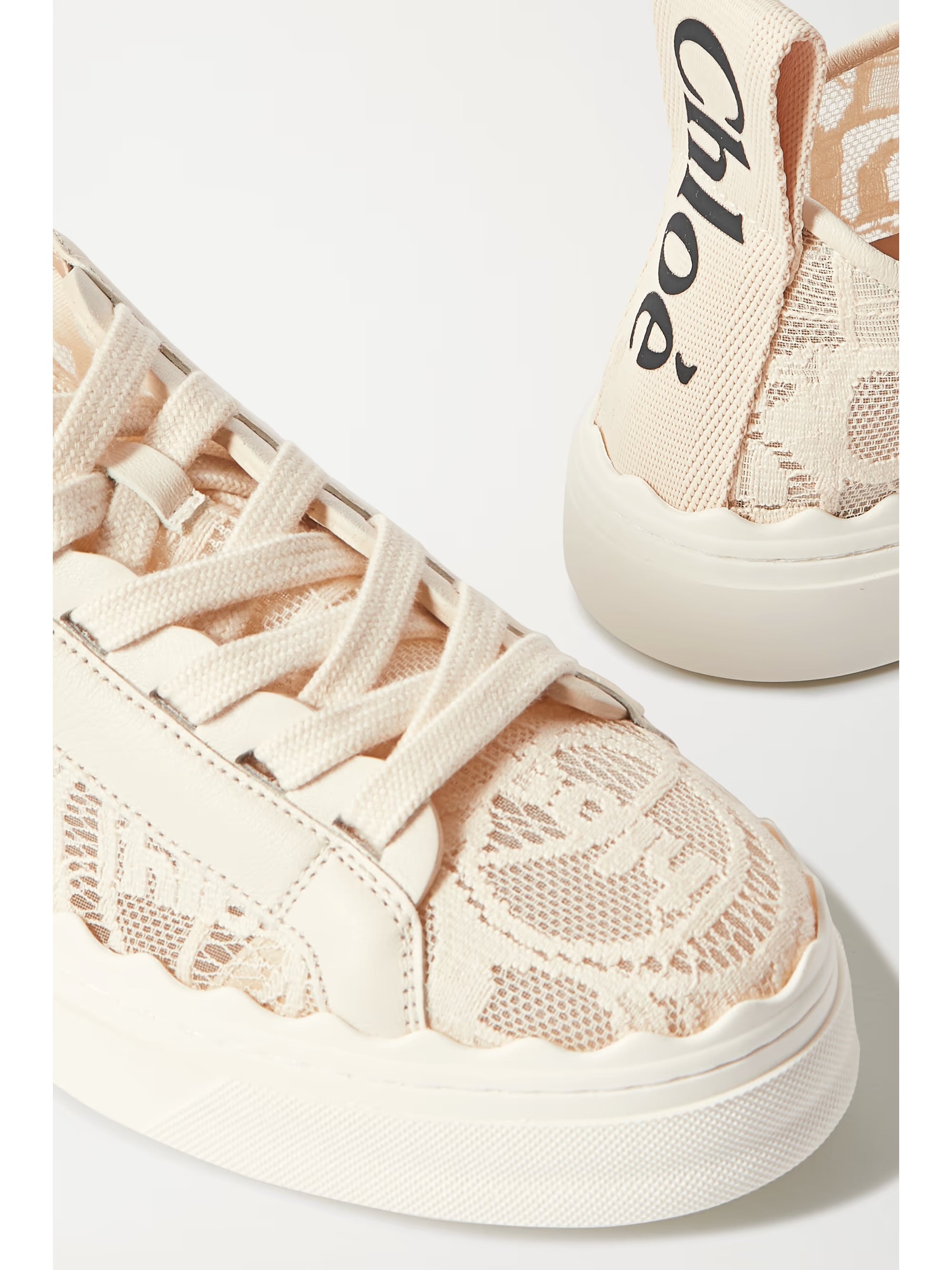 Lauren Scalloped Lace Sneakers in cream with leather trim and canvas details — Chloe | Endless UAE
