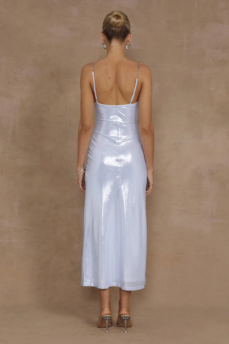 Denali Midi Dress in iridescent white with draped neckline and chain straps — Runaway The Label | Endless UAE