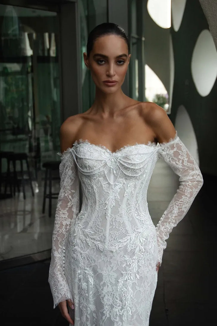 Kaystine off-shoulder lace wedding dress with long sleeves — Patricia Tesori Couture | Endless UAE