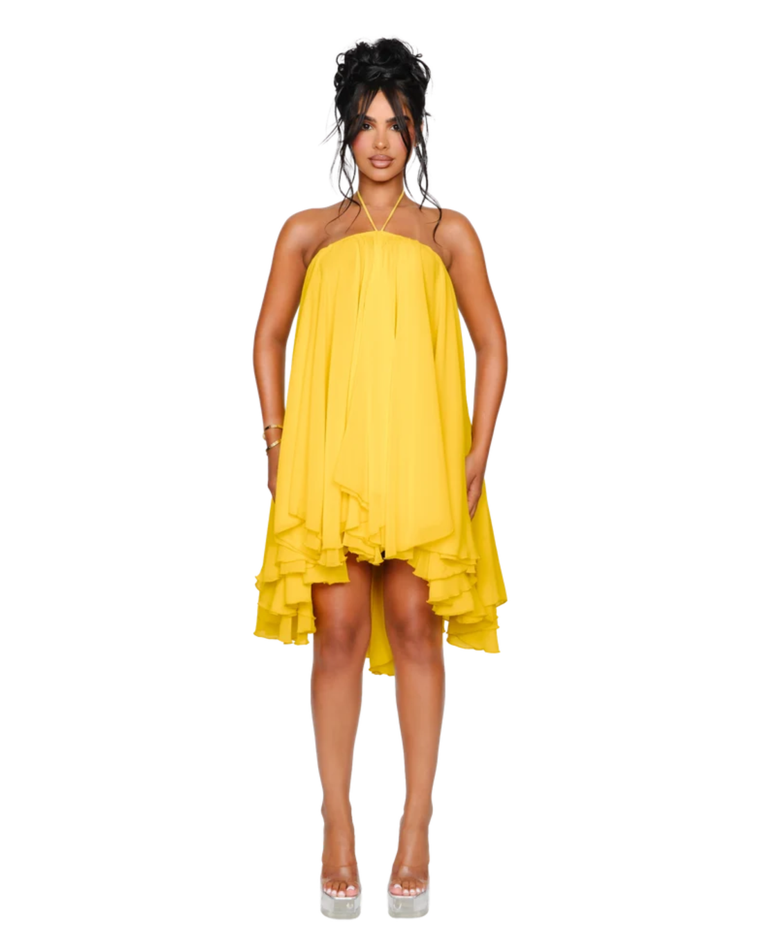 Yellow halter neck dress with layered ruffle hem and high-low asymmetrical cut — Coucoo | Endless UAE