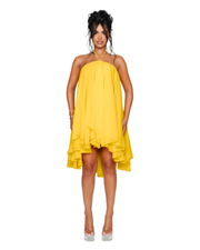 Yellow halter neck dress with layered ruffle hem and high-low asymmetrical cut — Coucoo | Endless UAE