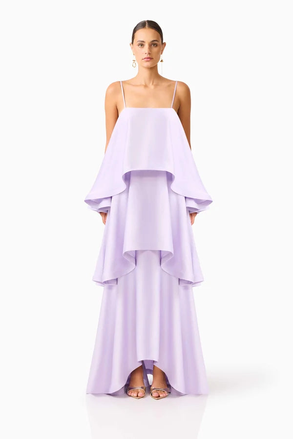 Lavender tiered maxi dress with draped ruffles and spaghetti straps — Elliatt | Endless UAE