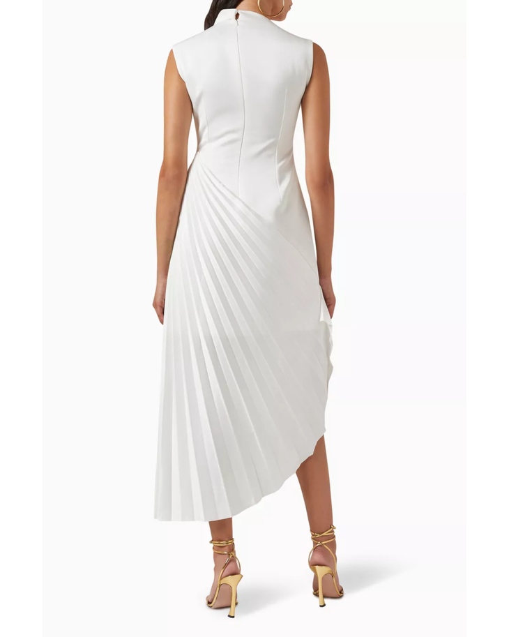 White asymmetrical pleated midi dress with gold accessories — Chats By C.Dam | Endless UAE