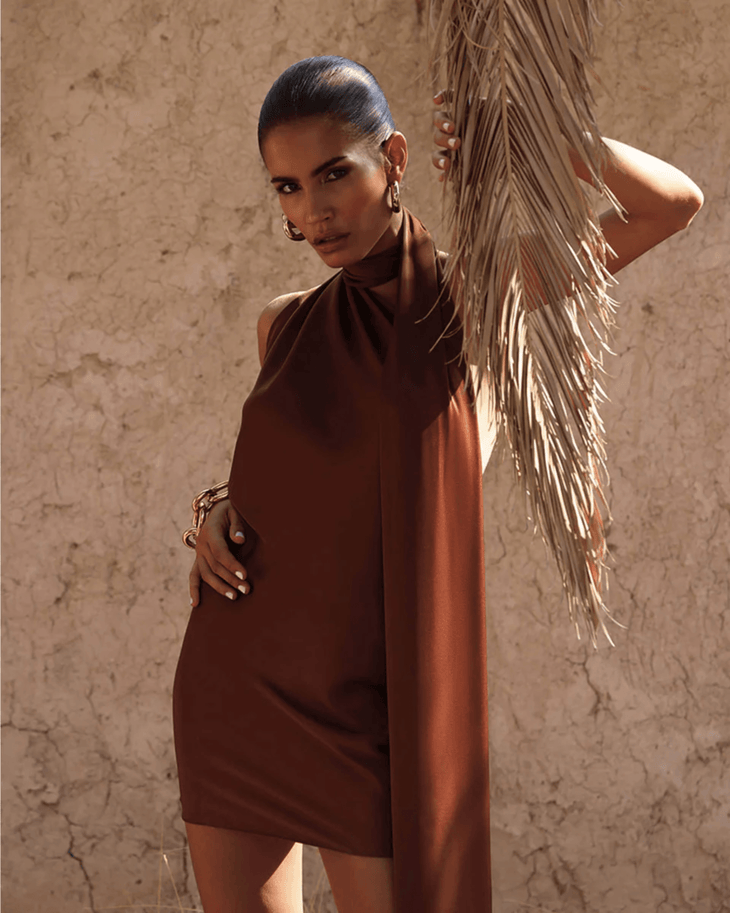 Serafia Cocoa Dress with halter neckline and fringed hem detail — Rat & Boa | Endless UAE