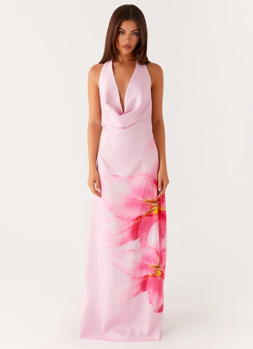 Pink cowl neck sleeveless maxi dress with floral print detail — Peppermayo | Endless UAE