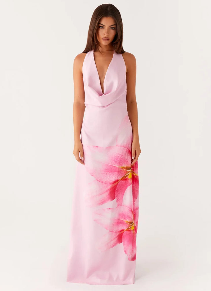 Pink cowl neck sleeveless maxi dress with floral print detail — Peppermayo | Endless UAE