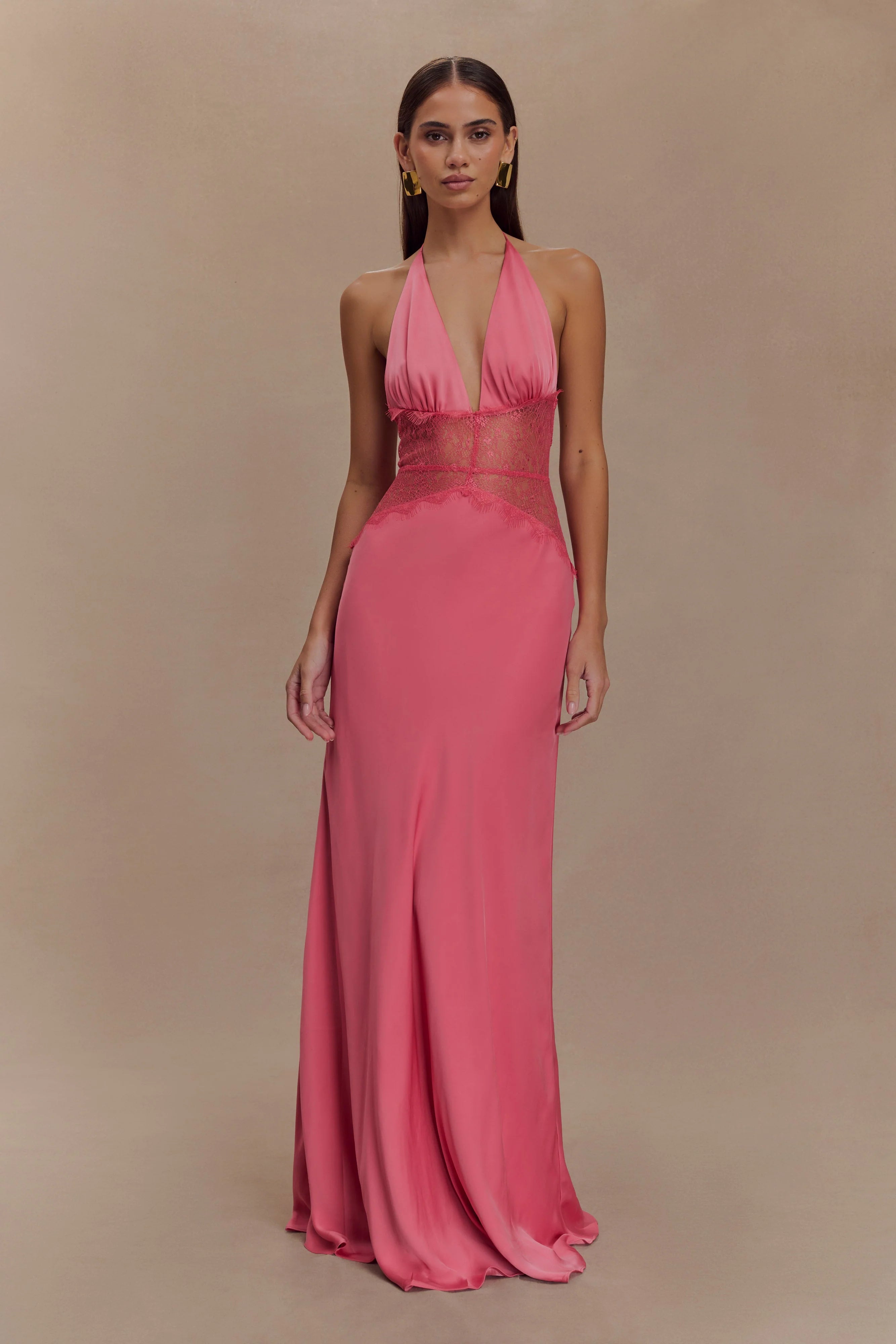 Hot pink halter maxi dress with lace waist detail and deep V-neckline — Meshki | Endless UAE