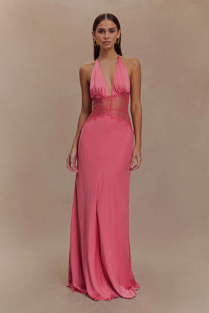 Hot pink halter maxi dress with lace waist detail and deep V-neckline — Meshki | Endless UAE