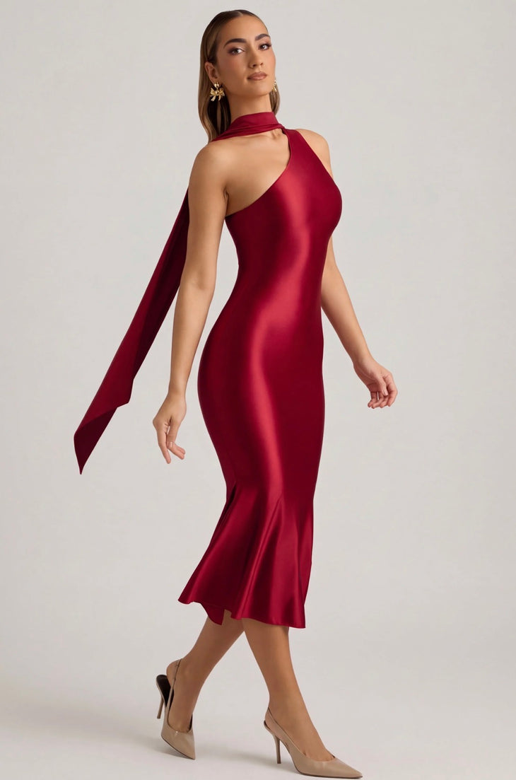 Woman wearing rouge asymmetric scarf-detail midaxi dress with halter neckline and draped hem — Oh Polly | Endless UAE