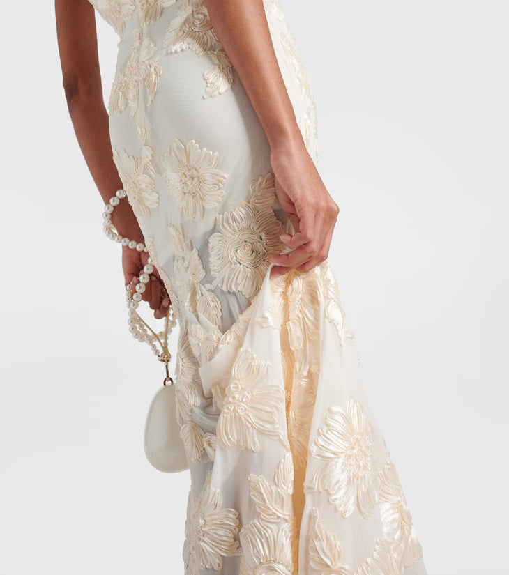 Alberty cream floral-appliqué mesh strapless gown with train — Rotate Birger Christensen | Endless UAE