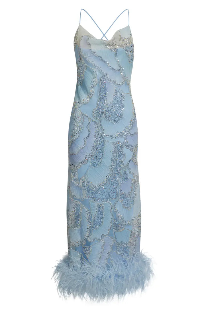 Light blue sequined gown with ostrich feather hem and thin straps — Delfi | Endless UAE
