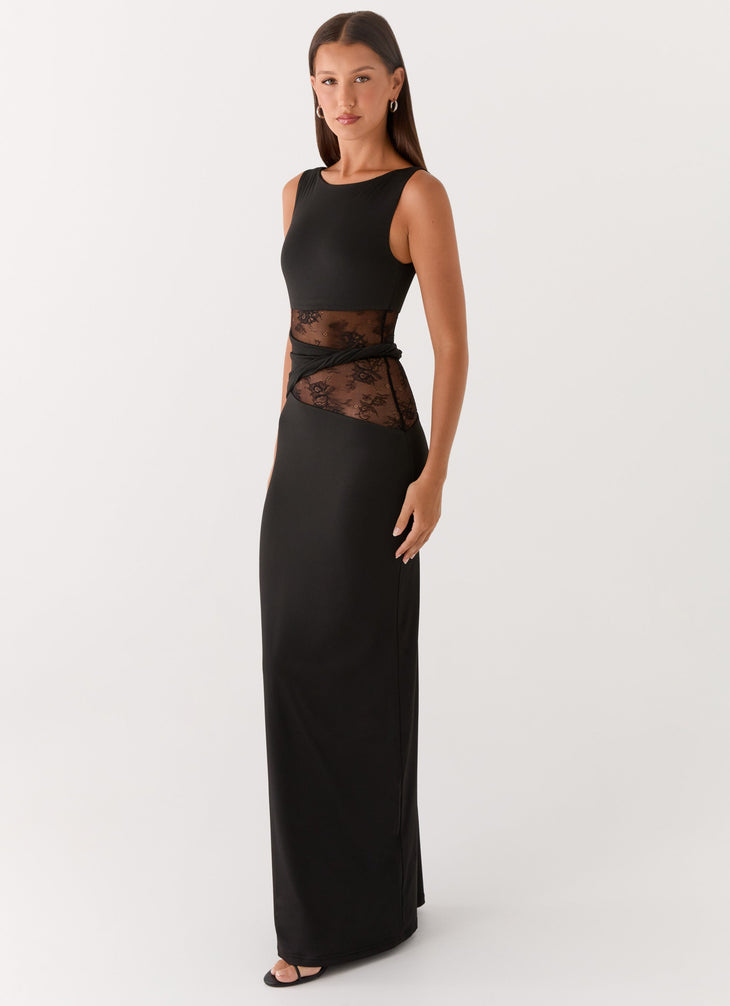 Black sleeveless maxi dress with sheer lace waist detail — Peppermayo | Endless UAE
