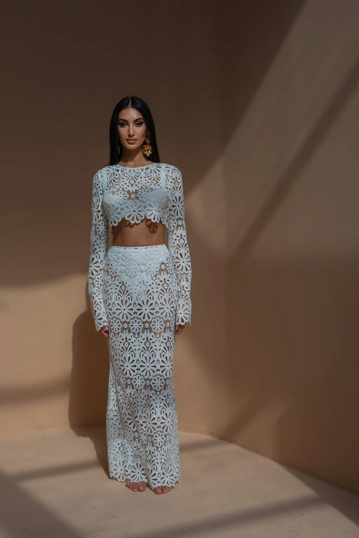 White floral lace crop top and skirt co-ord set with long sleeves — Melissa Phair | Endless UAE