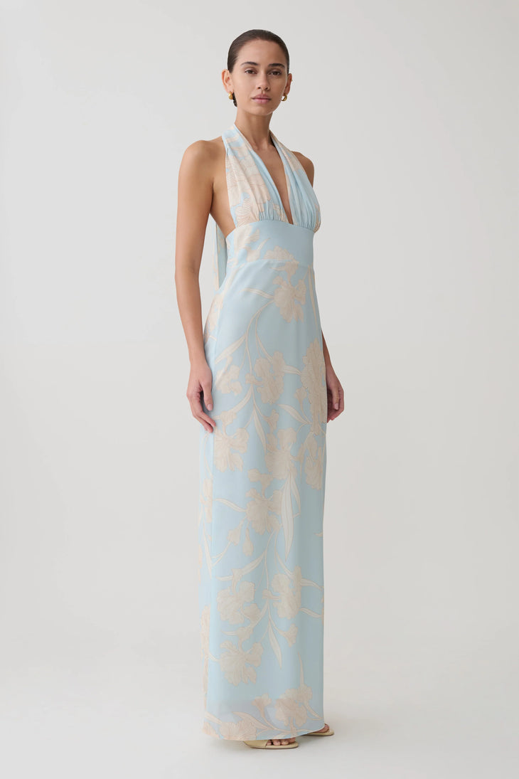 Light blue chiffon halter maxi dress with cream floral embroidery and scarf neckline — Meshki | Endless UAE