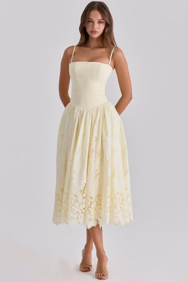 Cream lace broderie anglaise midi sundress with spaghetti straps and decorative hem — House of CB | Endless UAE