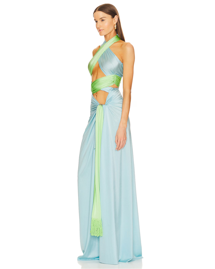 Cleopatra Gown in light blue and neon green with draped halter neckline and high slit — Bronx and banco | Endless UAE