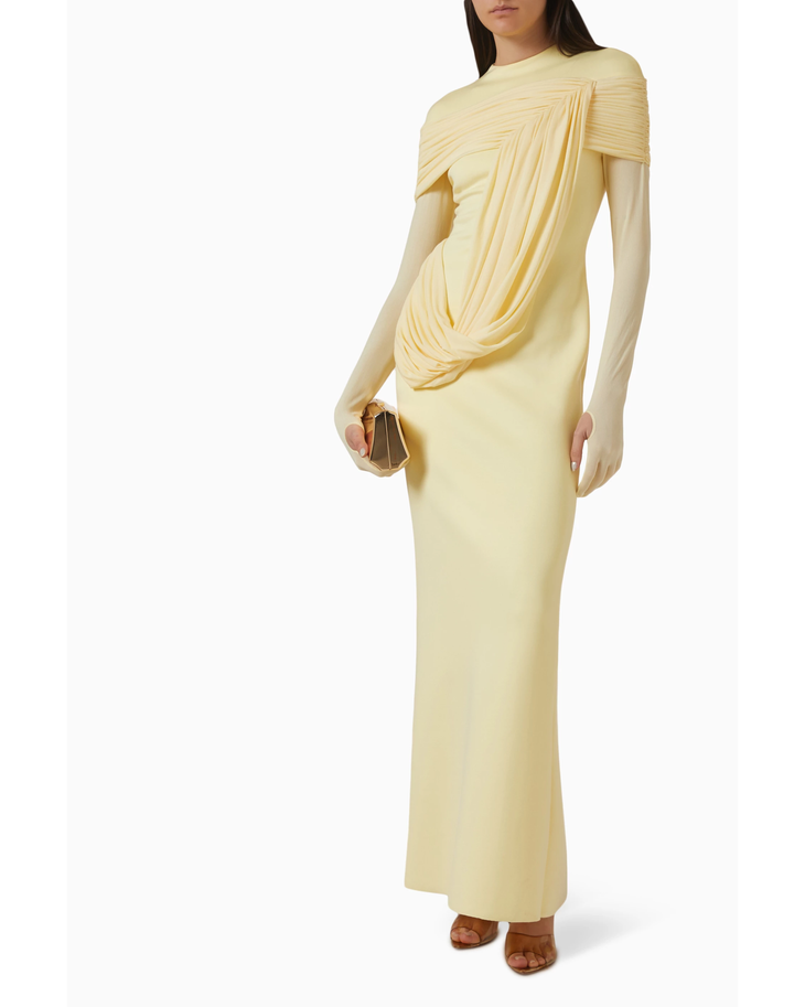 Pale yellow draped maxi dress with off-shoulder design and long sleeves — Chats By C.Dam | Endless UAE