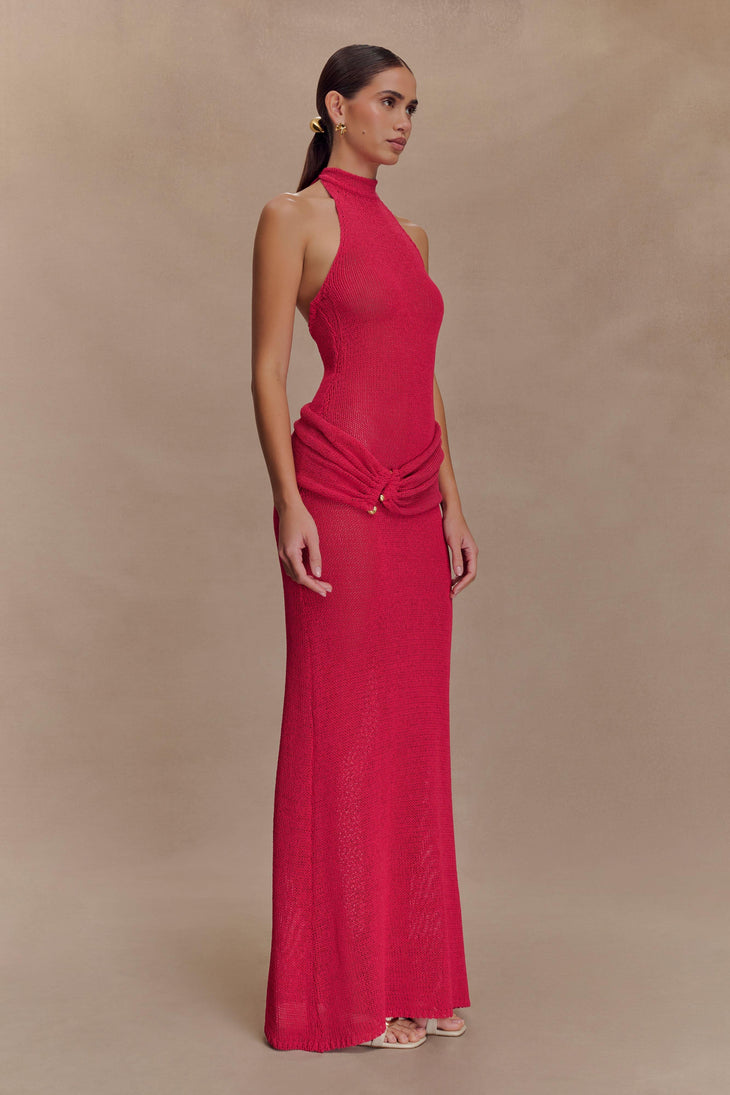 Hot pink halter knit maxi dress with draped side detail — Meshki | Endless UAE