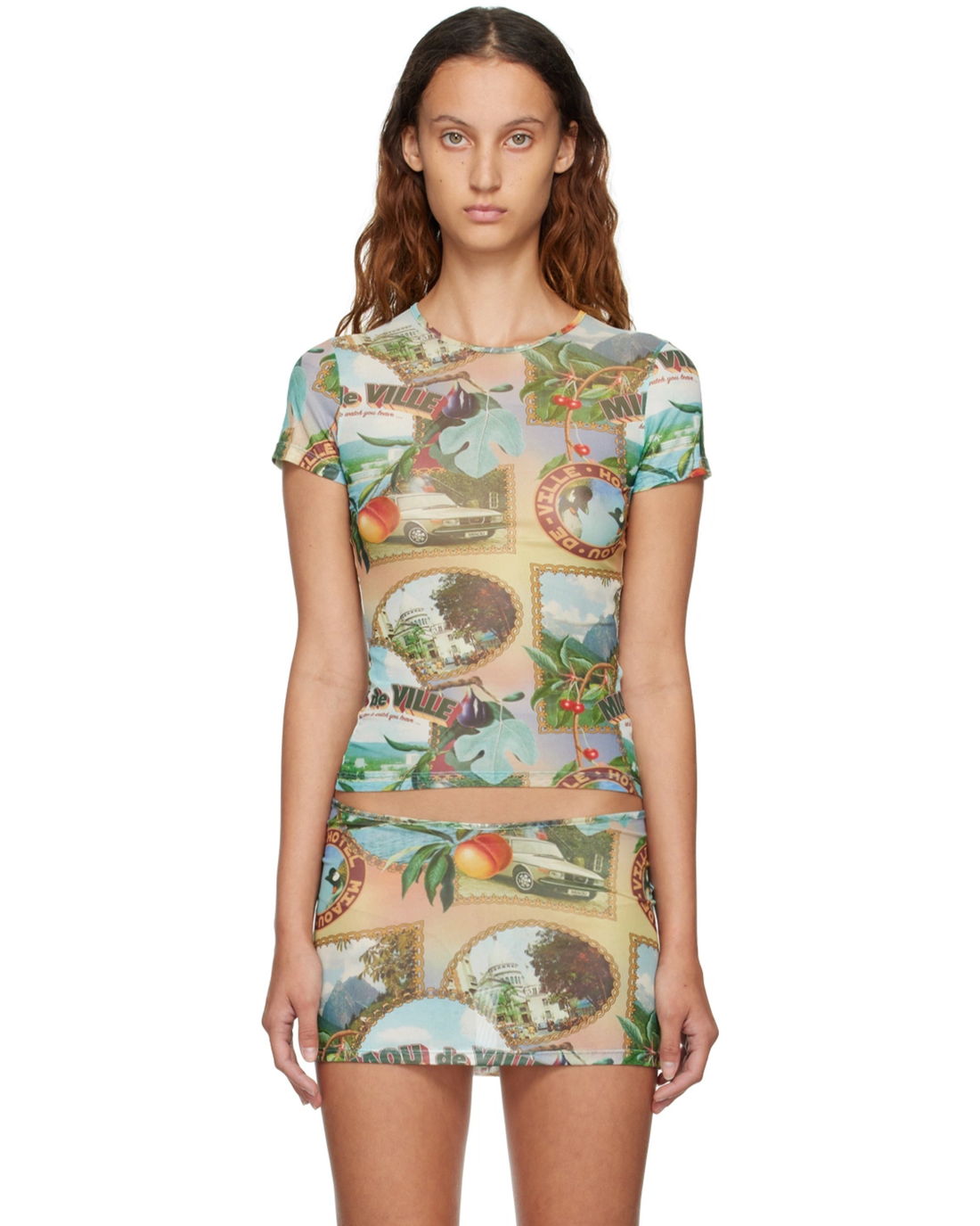Multicolor patterned short-sleeve crop top and mini skirt co-ord set — Miaou | Endless UAE