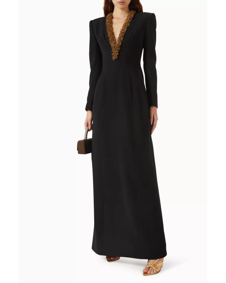 Black embellished V-neck maxi dress with long sleeves and gold beading detail — Tracy Studio | Endless UAE