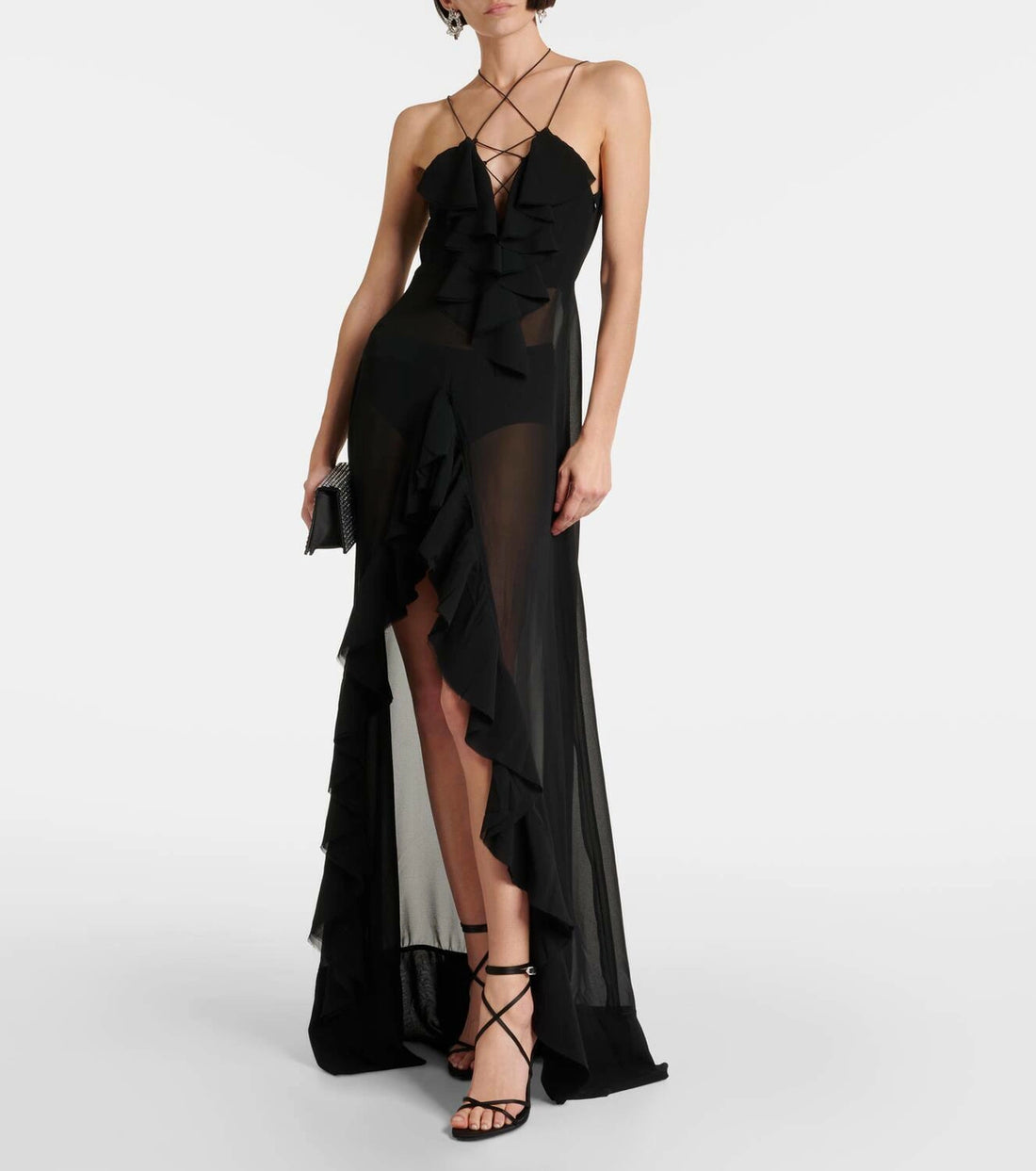 Black ruffled chiffon maxi dress with sheer overlay and strappy back — Banahot | Endless UAE