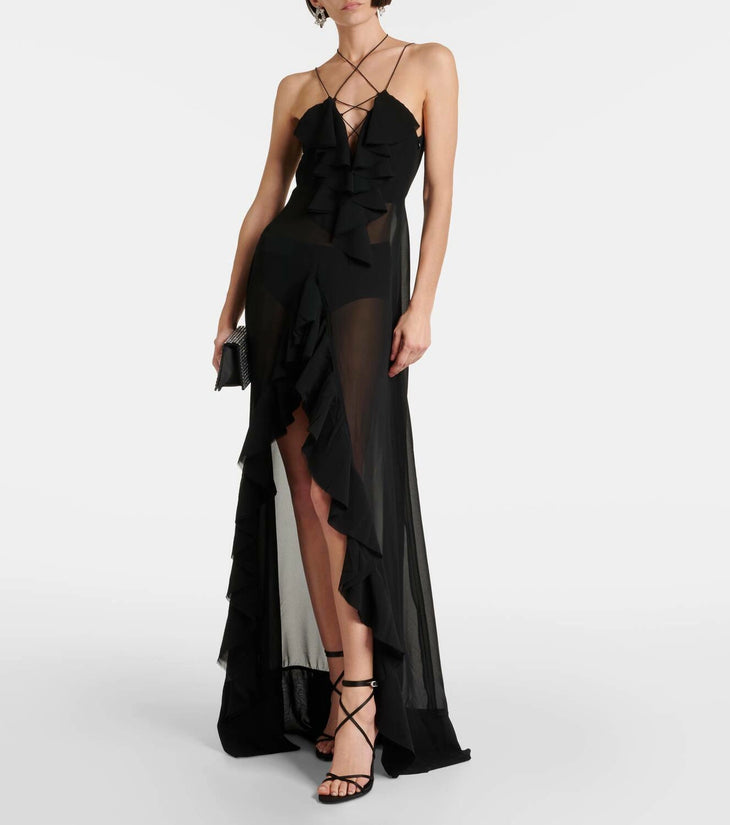 Black ruffled chiffon maxi dress with sheer overlay and strappy back — Banahot | Endless UAE