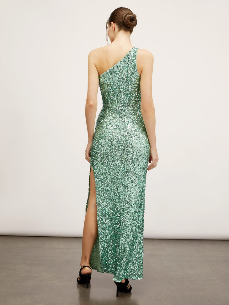 One-shoulder full-sequin long dress in sage green with high slit — Motivi | Endless UAE