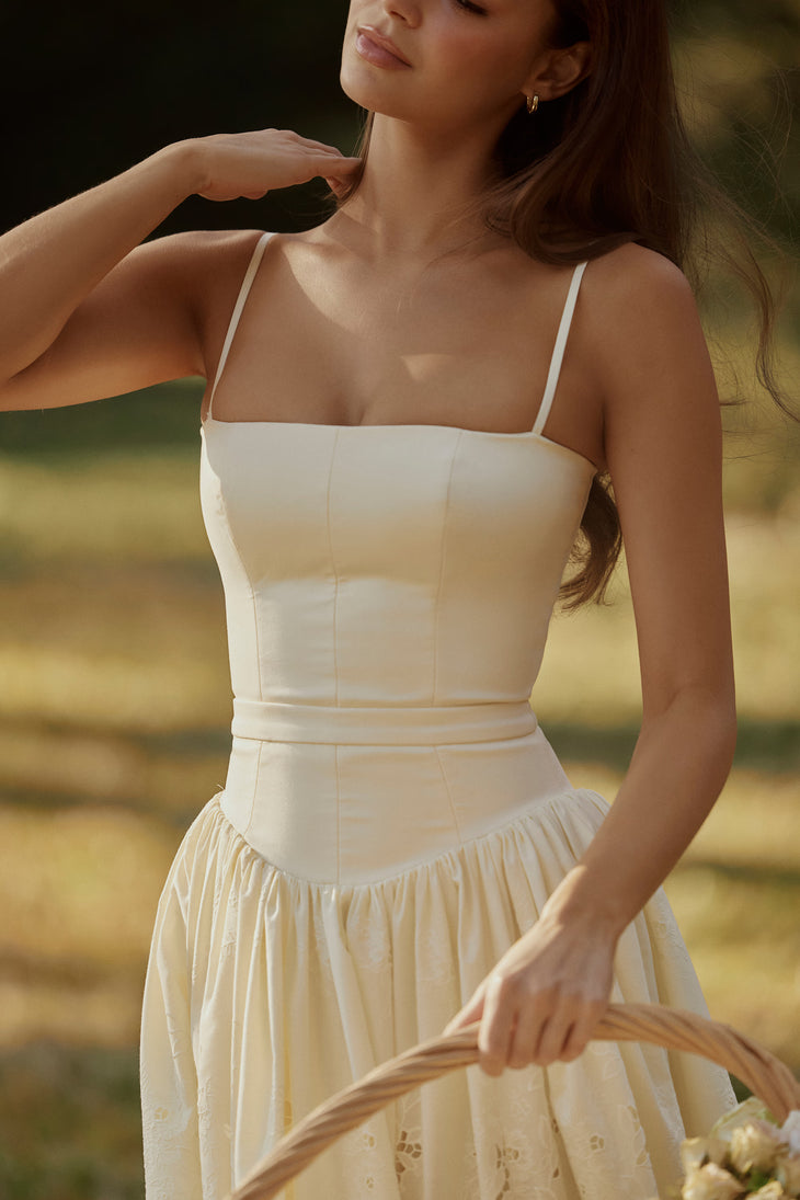 Cream lace broderie anglaise midi sundress with spaghetti straps and decorative hem — House of CB | Endless UAE