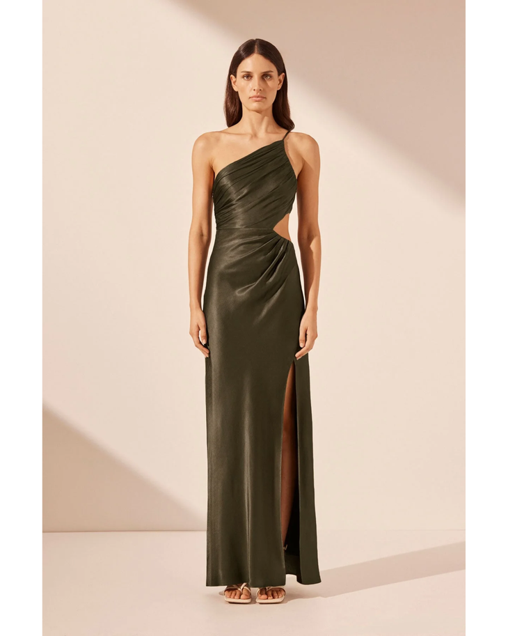 Olive asymmetrical gathered maxi dress with one-shoulder neckline and cutout detail — Shona Joy | Endless UAE