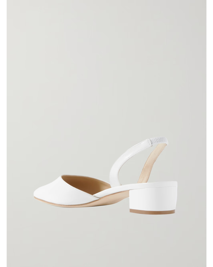 White patent-leather slingback pump with curved toe and low block heel — Manolo Blahnik | Endless UAE