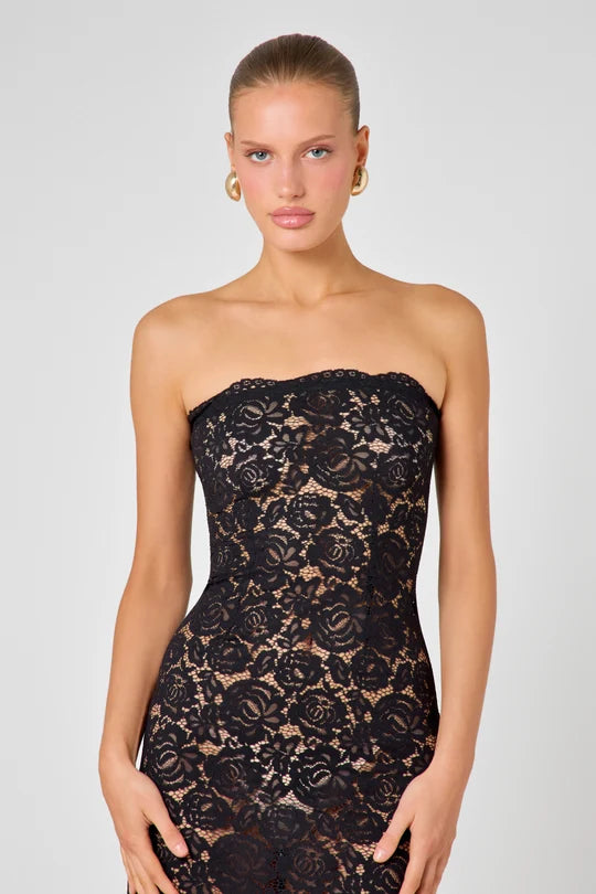 Black strapless lace maxi dress with intricate floral pattern — Hyphen | Endless UAE