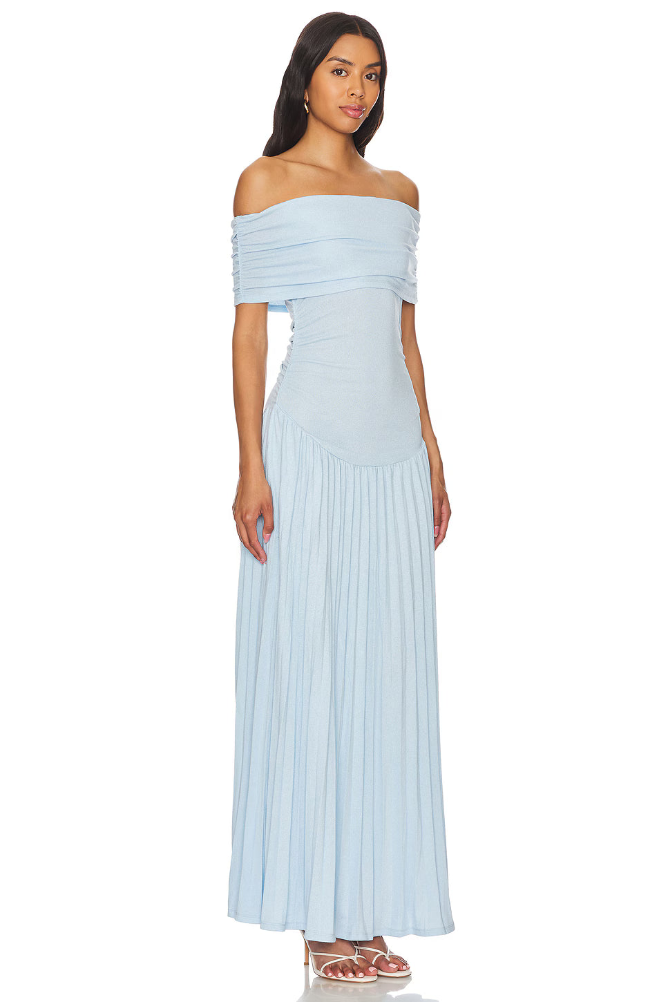 Light blue off-shoulder pleated maxi dress with ruched detailing — Lioness | Endless UAE