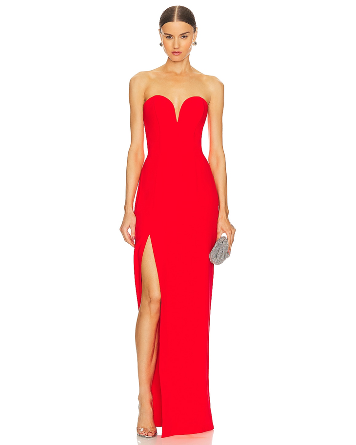 Crimson strapless sweetheart neckline gown with high slit and silver clutch — Amanda Uprichard | Endless UAE