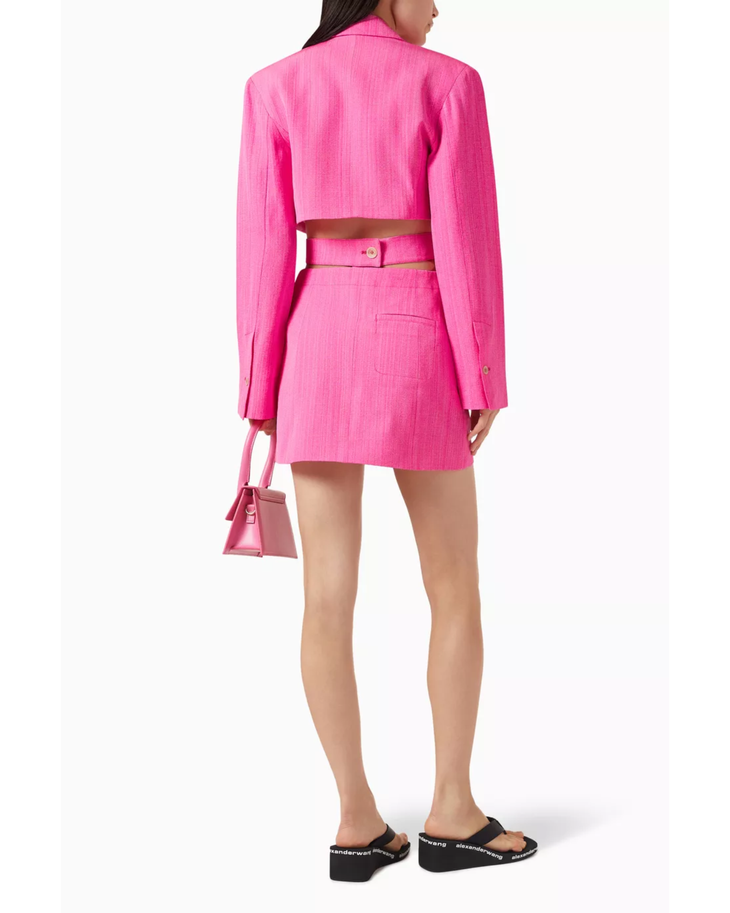 Pink linen mini blazer dress with cutout waist detail and single button closure — Jacquemus | Endless UAE