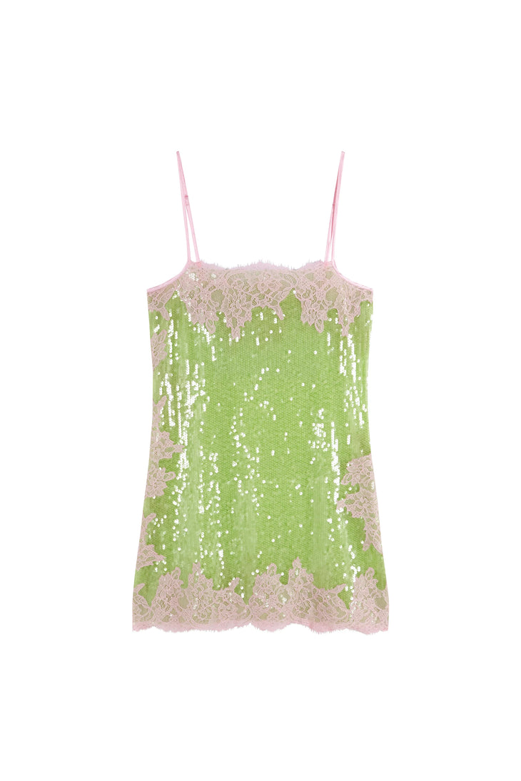 Green sequin mini dress with pink lace trim and adjustable straps — Hand Over | Endless UAE